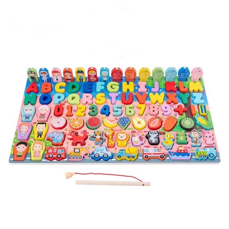 Bộ bảng 7in1- Bảng Gỗ Câu Cá Và Ghép Hình Học 7 trong 1 gồm Chữ Số, Chữ Cái, Phương Tiện cho bé