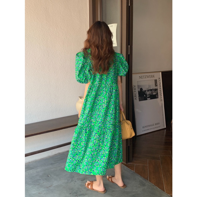 Đầm Dáng Rộng Cổ Vuông Tay Phồng Vải Mỏng In Hoa Dễ Thương Phong Cách Hàn Quốc Thời Trang 2022