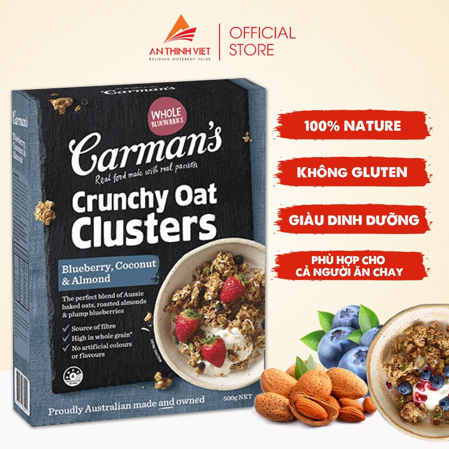 Ngũ Cốc Carman's Sấy Giòn Việt Quất, Dừa & Hạnh Nhân - Crunchy Clusters Blueberry, Coconut & Almond - Hộp 500g