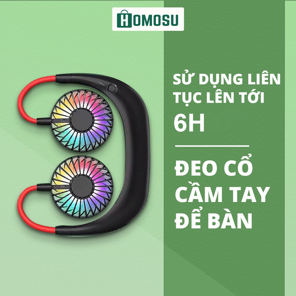 Quạt Đeo Cổ 7 Màu Mini Tích Điện 1500mah 3 Tốc Độ Gió Sạc USB Tiện Ích Có Đèn LED DFS06