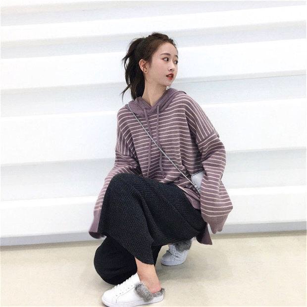 áo len nữ họa tiết sọc ngang phong cách Hàn Quốc