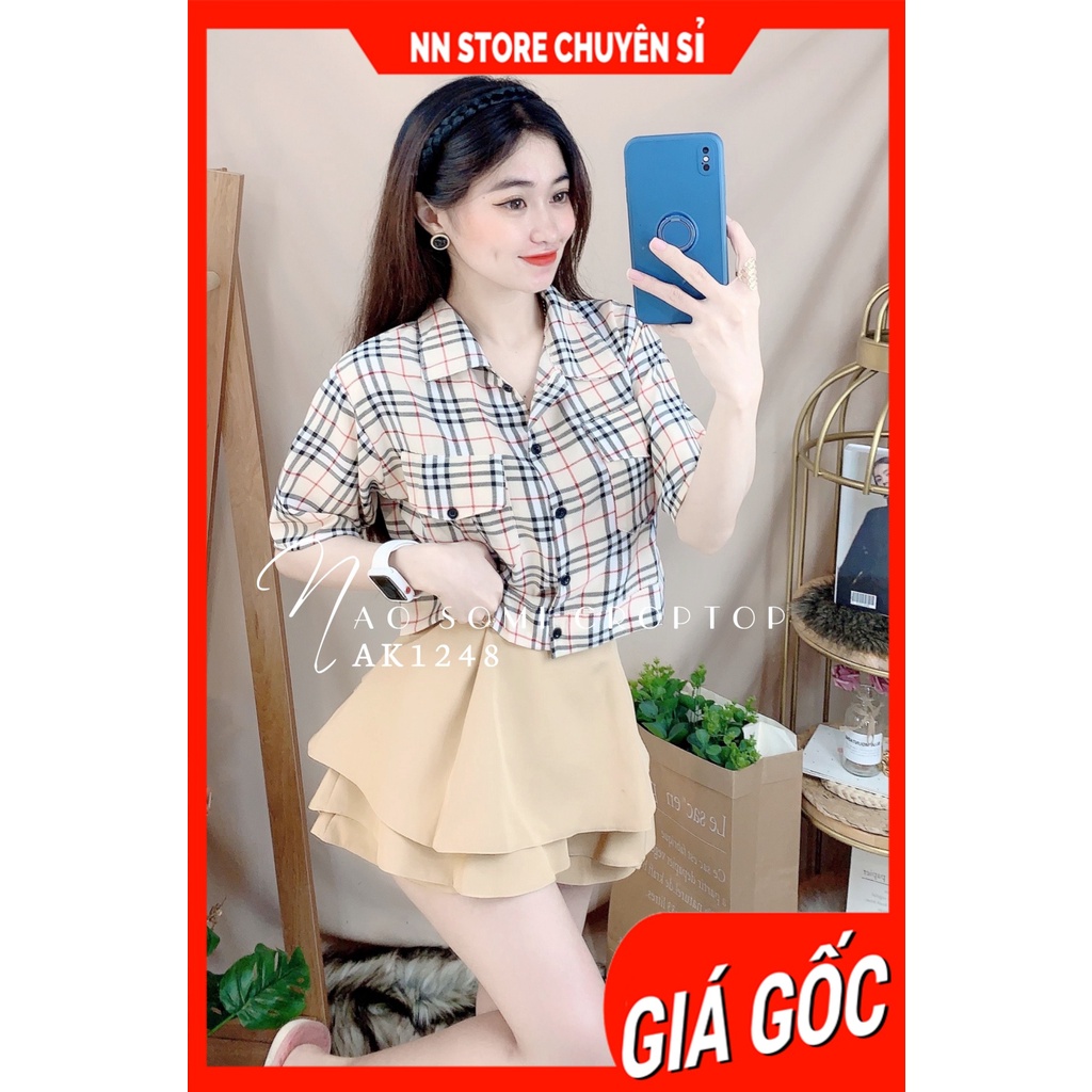 Áo sơ mi nữ phom croptop chất vải mềm mịn phối sọc kẻ dễ thương AK1248