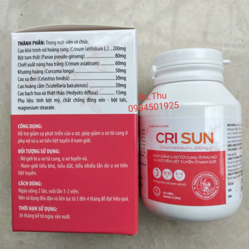 Combo 2 lọ CRI SUN mỗi lọ 50 viên - CRISUN chiết xuất trinh nữ hoàng cung, hỗ trợ giảm u xơ và tiểu đêm ở nam và nữ