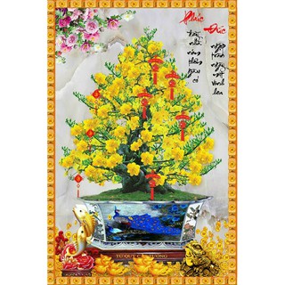 Tranh Tết HD Chậu mai vàng Phúc Đức CT157 in PP kim sa