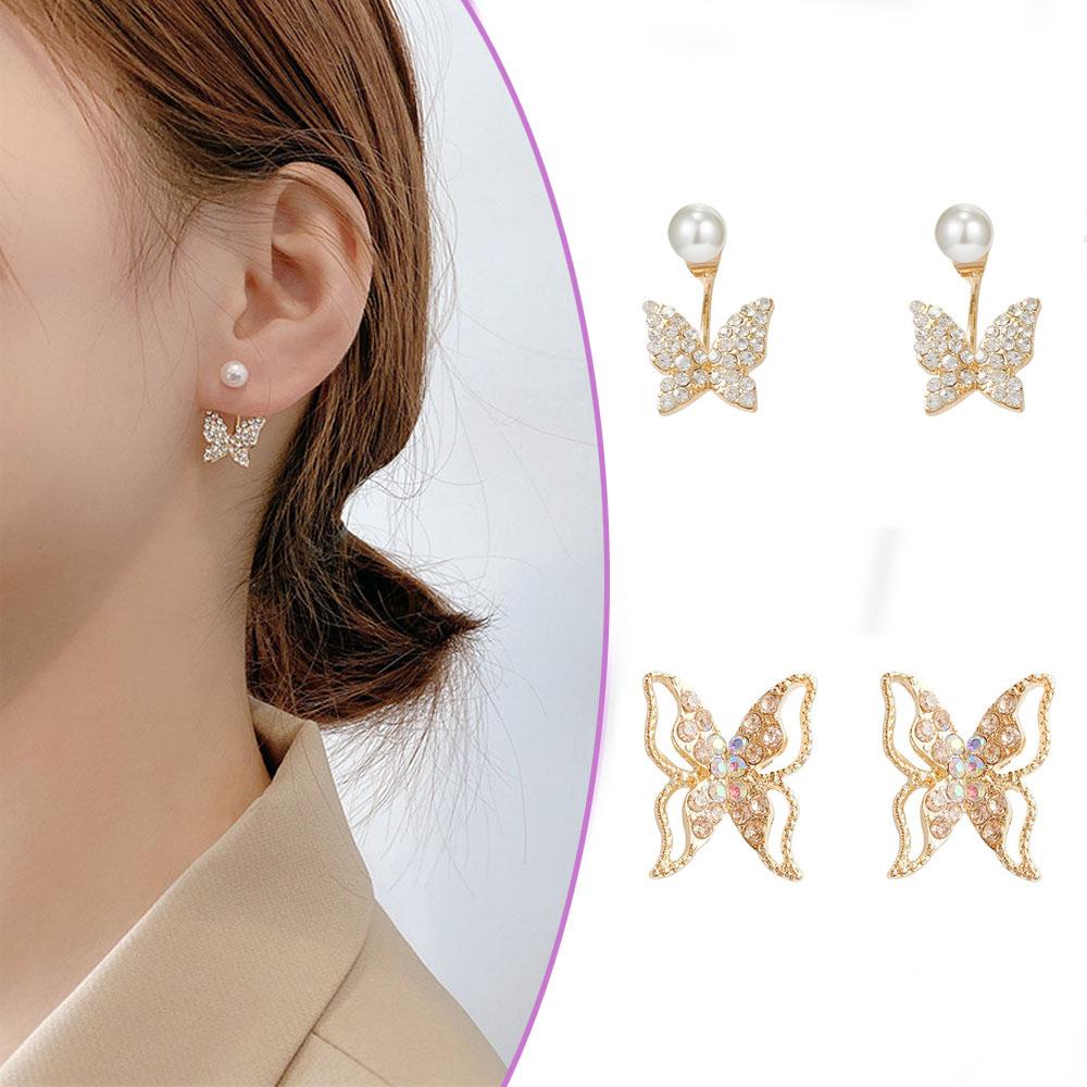 USNOW Hoa Tai Dáng Dài Mặt Hình Bướm Đính Đá Nhân Tạo Thời Trang