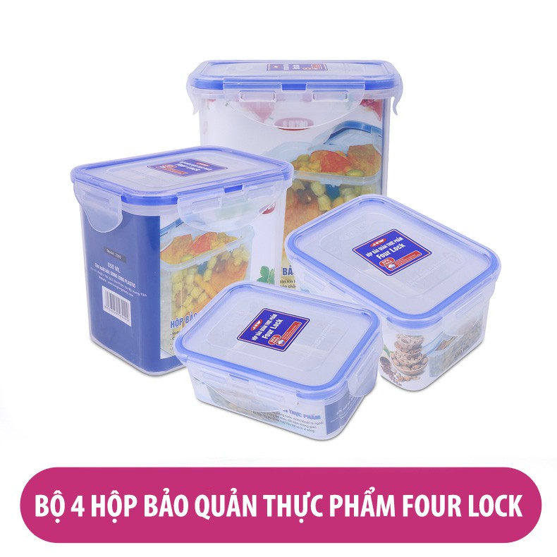 Bộ 4 hộp nhựa Song Long đựng thực phẩm, thức ăn để tủ lạnh FOUR LOCK 250X