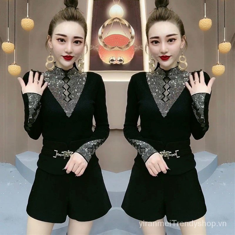 Áo dài tay ôm dáng đính đá thời trang thu đông 2021 dành cho nữ