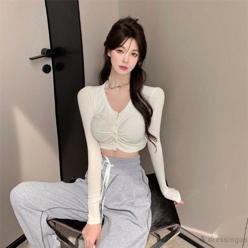 Áo thun ôm tay dài cổ tròn cài nút thời trang xuân thu cho nữ