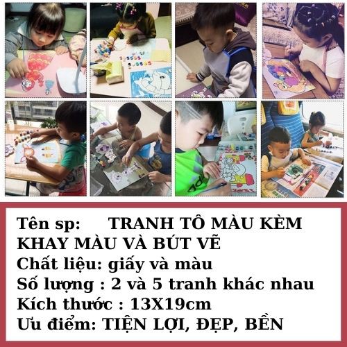 Bộ 2 và 5 TRANH TÔ MÀU kèm 6 KHAY MÀU và CỌ VẼ - Đồ chơi giáo dục mỹ thuật cho bé  sáng tạo, tiên dụng