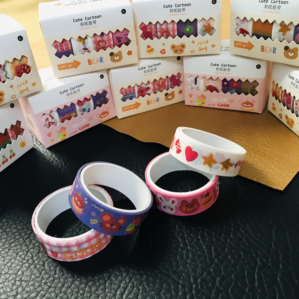 Hộp 4 cuộn băng keo trang trí washi tape mẫu ngẫu nhiên trang trí làm bulletjournal, scrapbook