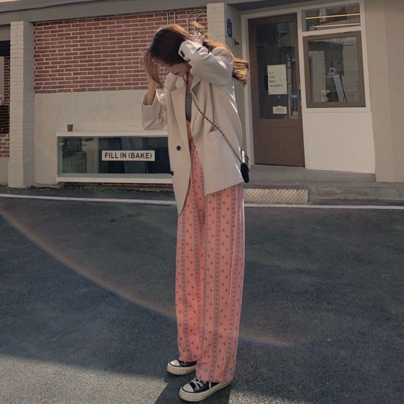 Happy-store  Quần dài ống rộng phong cách Hồng Hàn Quốc cá tính cho nữ