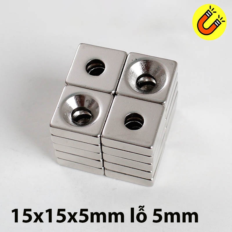 Nam châm đất hiếm lỗ vít 15x15x5mm lỗ vát 5mm
