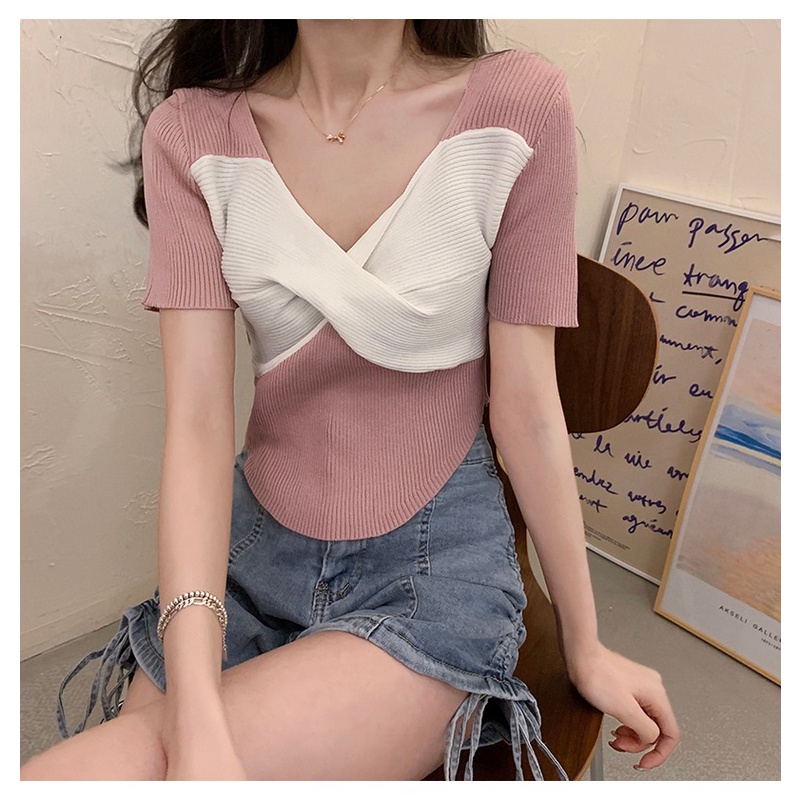 Áo dệt kim ZHELIHANGFEI tay ngắn cổ chữ V kiểu nơ dễ thương thời trang dành cho nữ