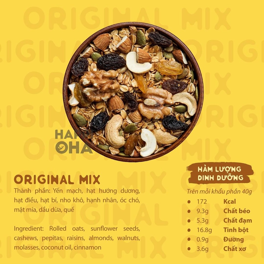 Set ăn sáng đong đầy HAPPI OHA gồm 6 sản phẩm granola, bánh gạo, bơ đậu phộng, biscotti, yến mạch, hạt chia