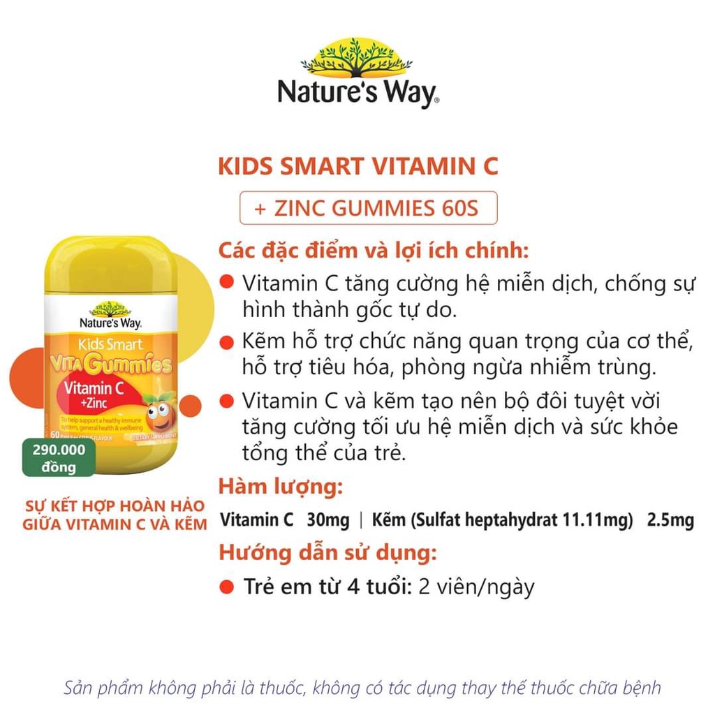 Kẹo Dẻo Vitamin C Kẽm Gummies Nature's Way Bổ Sung Vitamin C Và Kẽm Cho Bé, Hộp 60 Viên