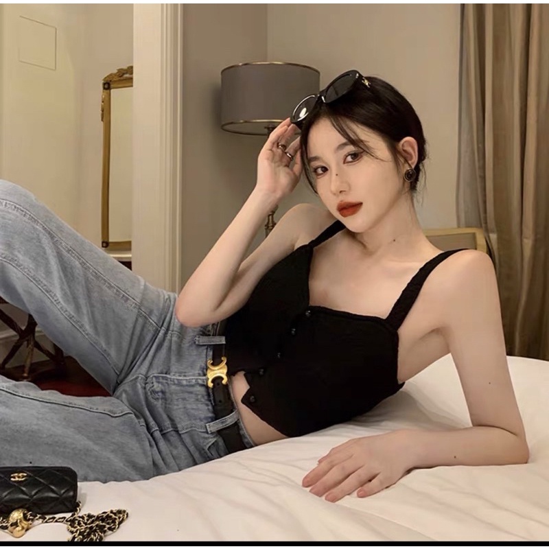 Áo hai dây đính cúc ngọc chất hoa nổi hàng có sẵn - ảnh thật cuối