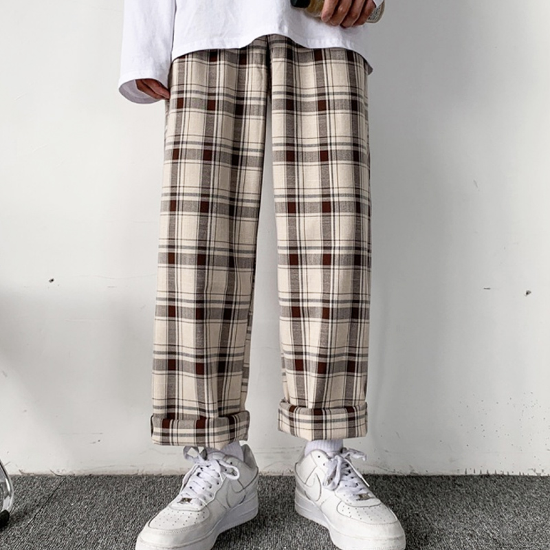 Plaid Trousers Korean Baggy Pants Casual Plaid Pant Men Fashion Straight Trourse Unisex Vintage Checkered Loose Pants Man