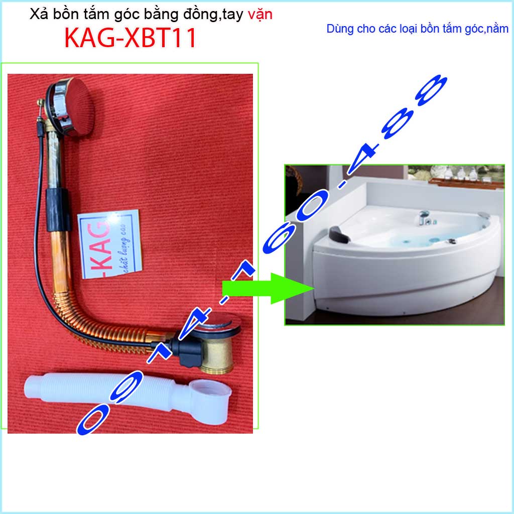 Xả bồn tắm góc KAG-XBT11 -Đồng, Bộ xả vặn bồn tắm nằm bằng thau siêu bền dùng cho bồn góc 90cm-1,2m-1,5m-1-6m