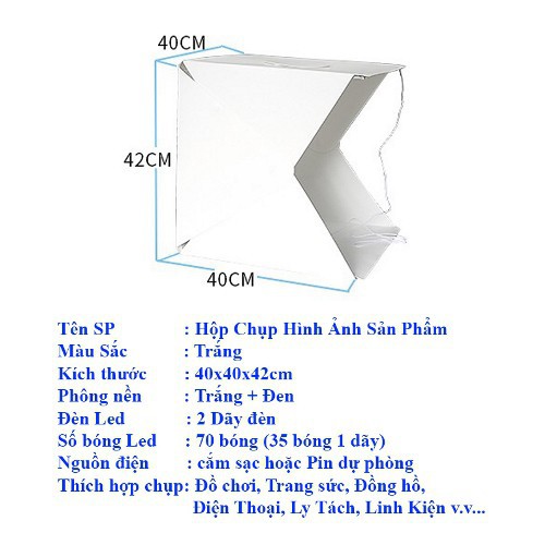 [MARVIS] Hộp Chụp Sản Phẩm 40x40cm Có Kèm Đèn Led 2 Dãy có 70 Bóng - Tặng 2 Phong Nền - Marvis -