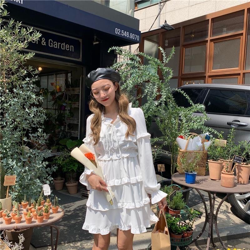 Váy Babydoll Vintage viền bèo tiểu thư siêu xinh 2 màu ➡ Đầm nữ trắng nhiều tầng dáng dài kèm ảnh thật | BigBuy360 - bigbuy360.vn