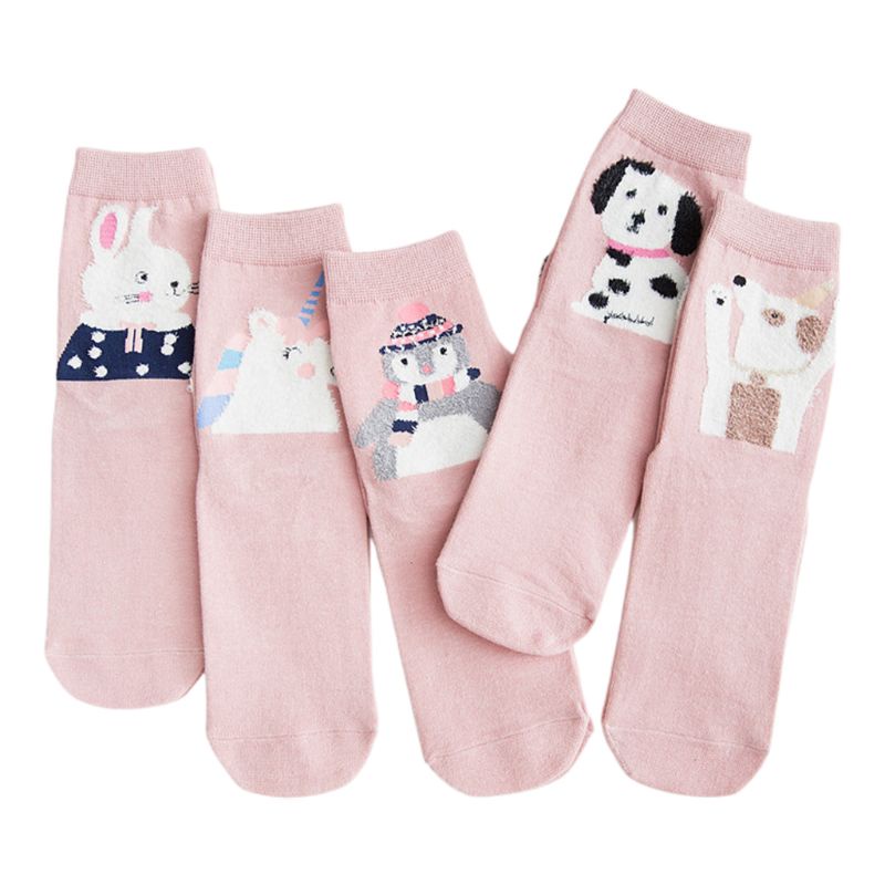 Set 5 Đôi Tất Dệt Kim Dày In Họa Tiết Hoạt Hình Nhiều Màu Sắc Thời Trang Mùa Đông Cho Nữ