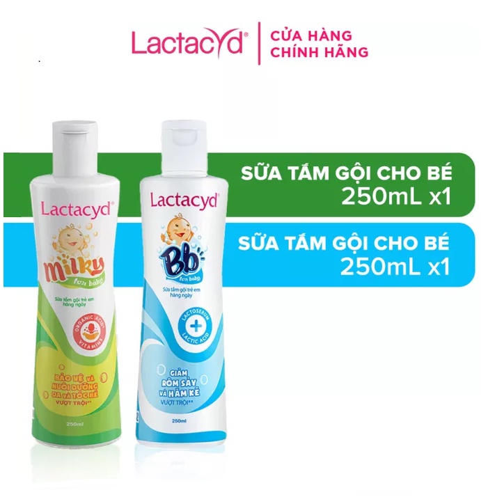 Bộ 1 chai Sữa tắm gội trẻ em Lactacyd Milky 250ml + 1 Sữa tắm gội trẻ em Lactacyd Bb 250ml