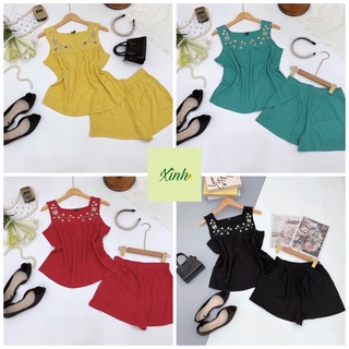 Bộ Đùi Thêu Cổ Vuông Vải Tole Lanh VNXK, Đồ Bộ Tole Nữ