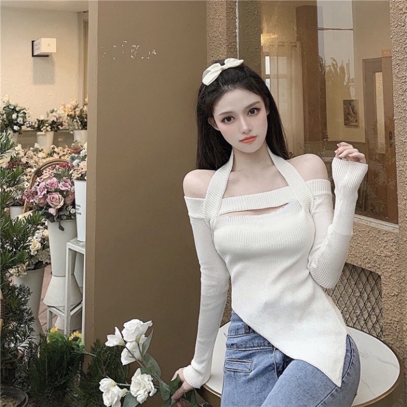 Áo len nữ dệt kim vạt chéo hở vai cổ yếm cách điệu hàng QC