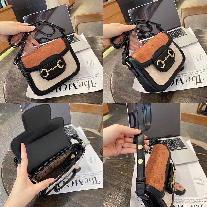 Túi đeo chéo nữ vân da nhung tăm da lộn phối dây bấm cúc cao cấp