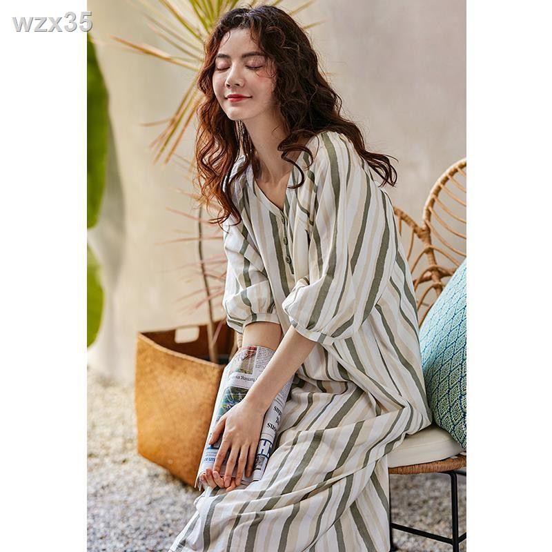 Pyjama, cotton nightdress, nữ mùa hè sọc rộng cổ chữ v, sinh Hàn Quốc mặc nhà dài trung xuân