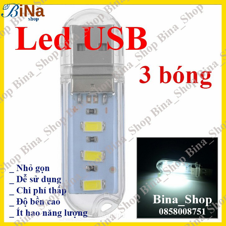 Đèn Led USB 3 bóng Trắng ấm / Vàng ấm