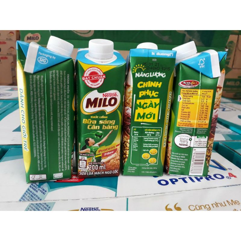Thùng 24 hộp sữa lúa mạch ngũ cốc Nestlé MILO teen bữa sáng ít đường 200ml