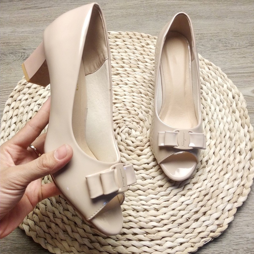 Ảnh thật - Giày cao gót hở mũi đính nơ đế vuông 5cm - Made in Vietnam
