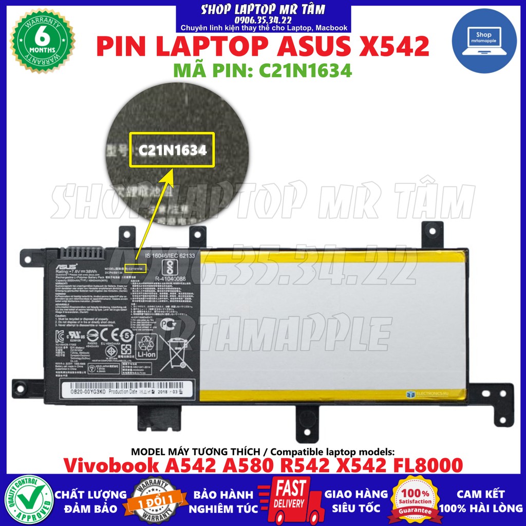 Pin Laptop ASUS X542 (C21N1634) (ZIN) - 4 CELL - Vivobook A542 A580 R542 X542 FL8000