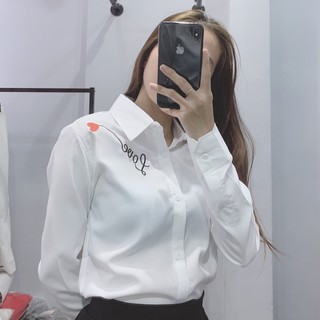 Áo sơ mi nam nữ thêu chữ love, áo sơ mi nam nữ dài tay lụa cao cấp -D104