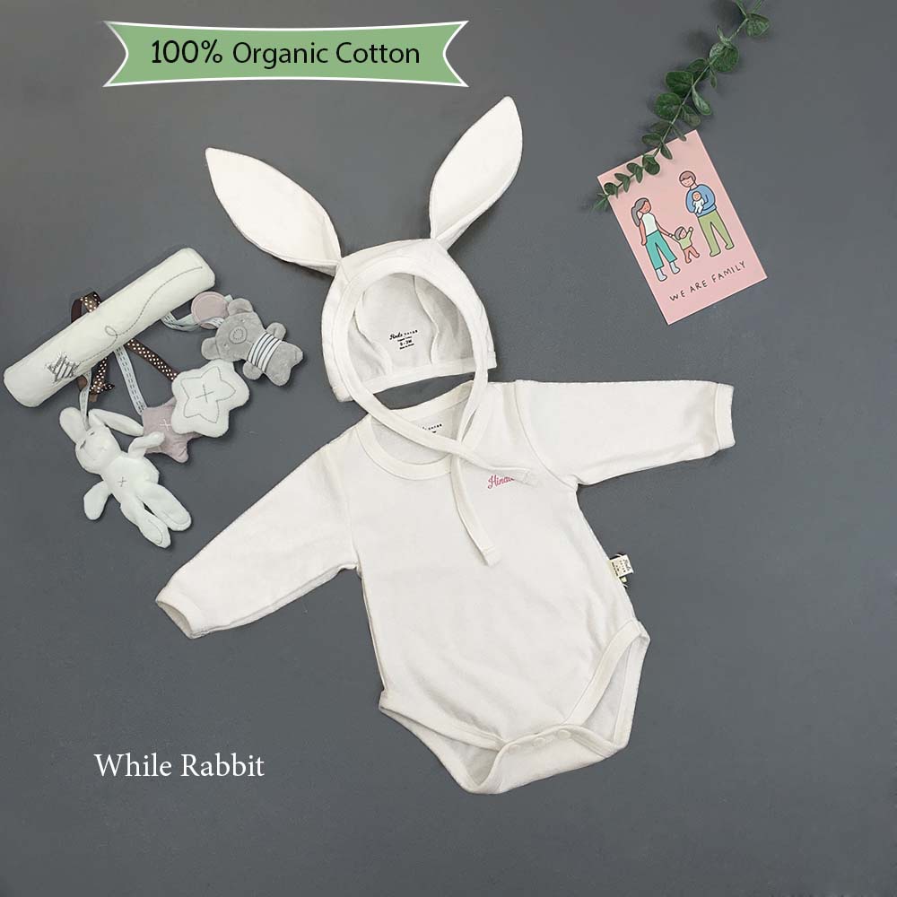 Bộ bodysuit tay dài, kèm nón thỏ HINATA Bunny Hat BF05 - 100% organic cotton, mềm mại, thoáng khí an toàn cho da em bé