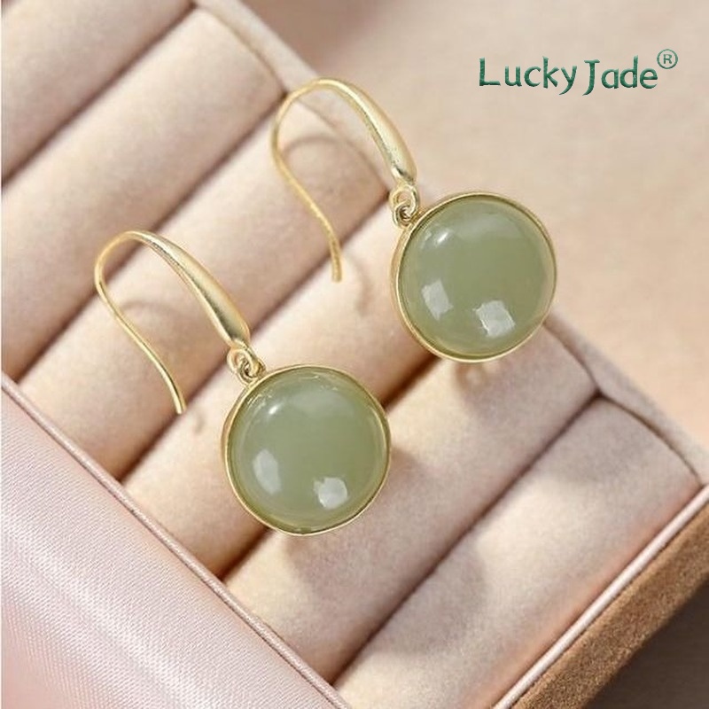 Khuyên Tai Bạc 925 Đính Đá Ngọc Bích Phong Cách Dân Tộc Cổ Điển