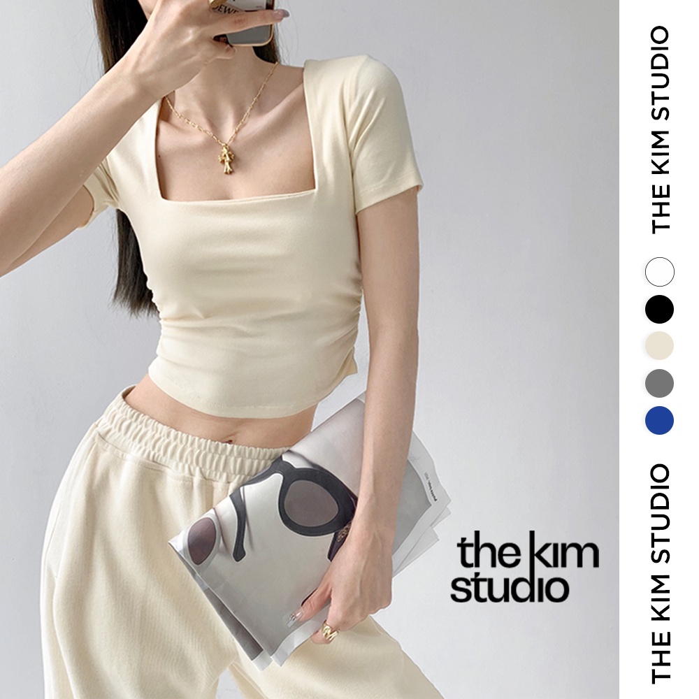 Áo thun croptop ngắn tay cổ vuông nhún chun THE KIM , thun tay ngắn cho nữ may hai lớp vải A112