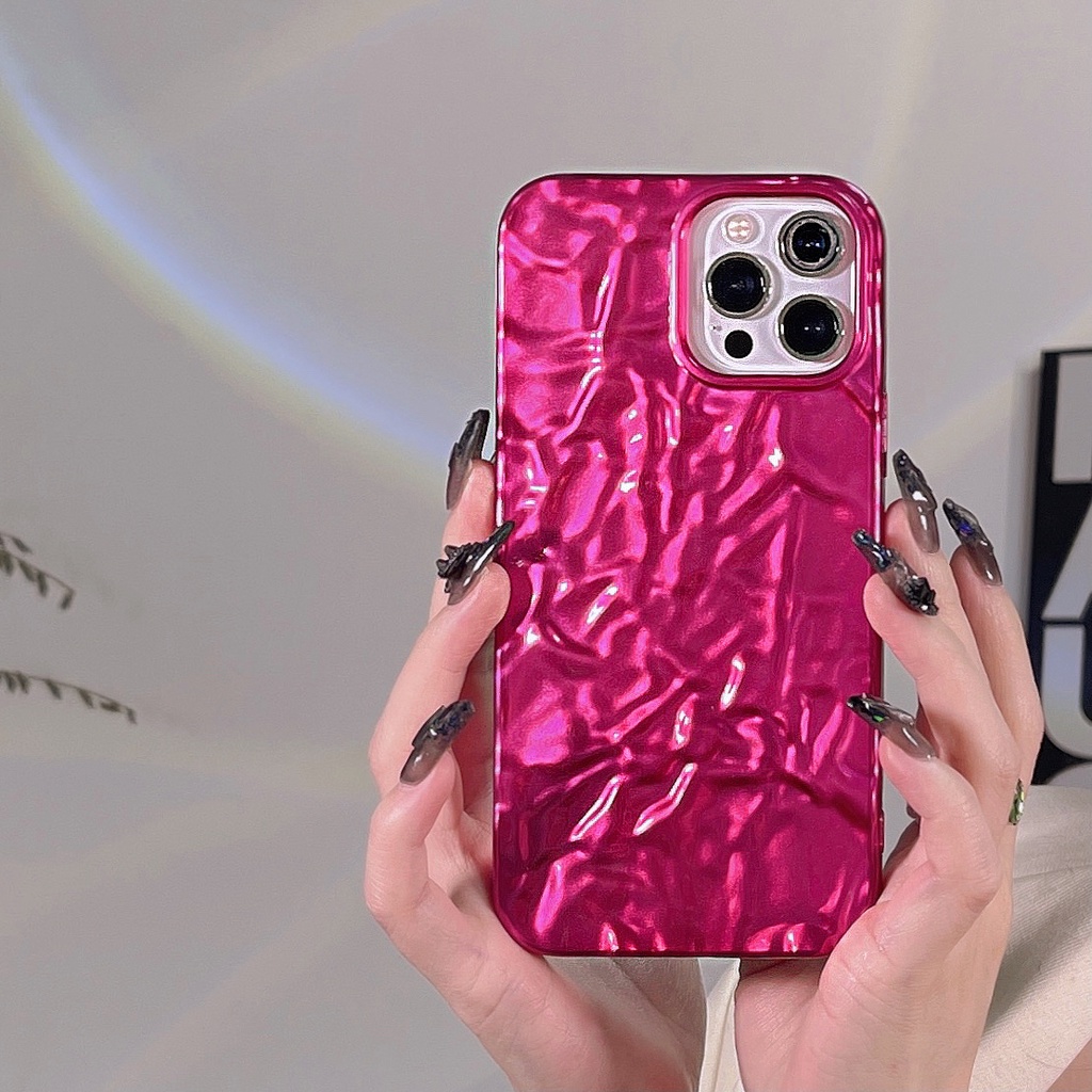 Ốp Điện Thoại Lá Thiếc Chống Sốc Màu Đỏ Hồng Thời Trang Cho iPhone 14 / 13 / 12 / 11 / X / 8 / 7P