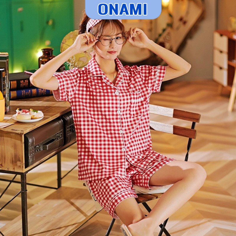 Bộ Ngủ Pijama Cộc Đùi Kẻ Caro Chất Cotton Dệt Loại 1 Nữ PJM006
