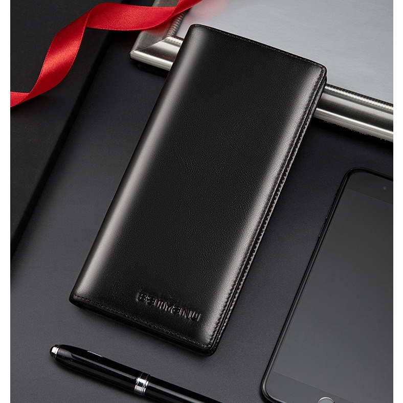 Ví Nam Da Bò Dài Cầm Tay Siêu Mỏng Gọn Bền Đẹp Nhiều Ngăn Tiện Lợi Công Nghệ RFID Blocking Chống Trộm Có Dây Kéo An Toàn