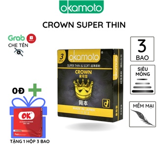 Bao cao su OKAMOTO CROWN cỡ nhỏ3 cái/hộp Siêu mỏng mềm mại trơn kéo dài thời gian 100% cao su Super Thin & Soft Nhật Bản