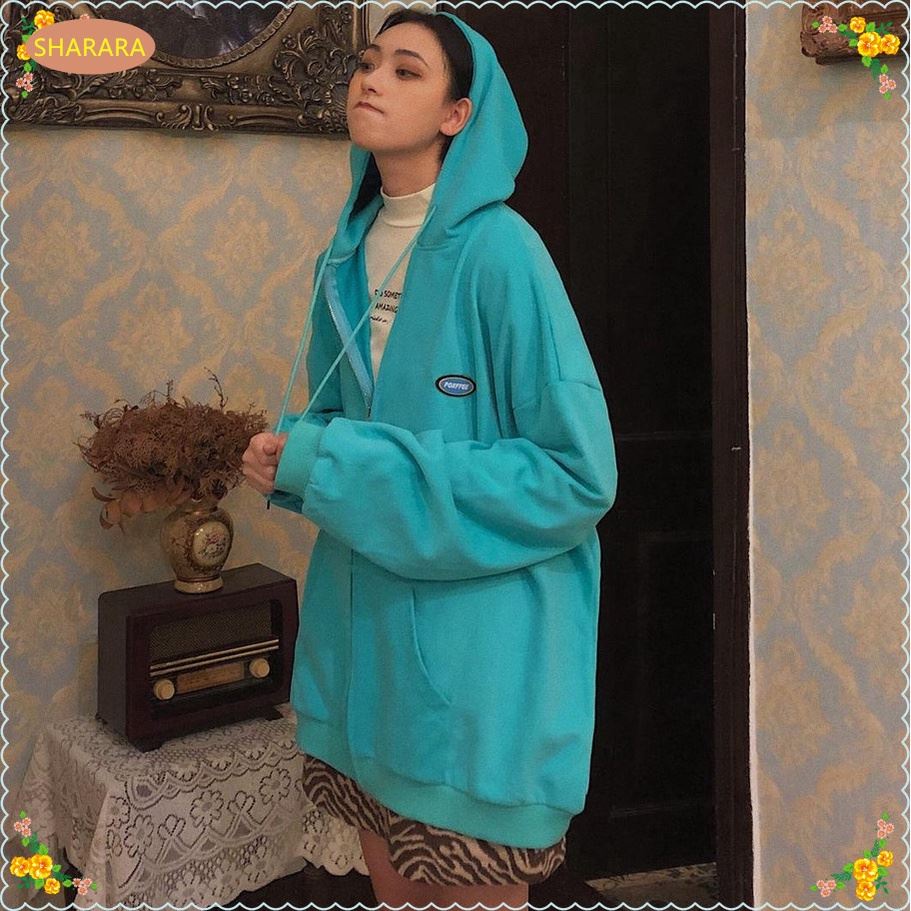 Áo khoác hoodie tay dài dáng rộng màu xanh dương phối khóa kéo phong cách thể thao đường phố cho nữ