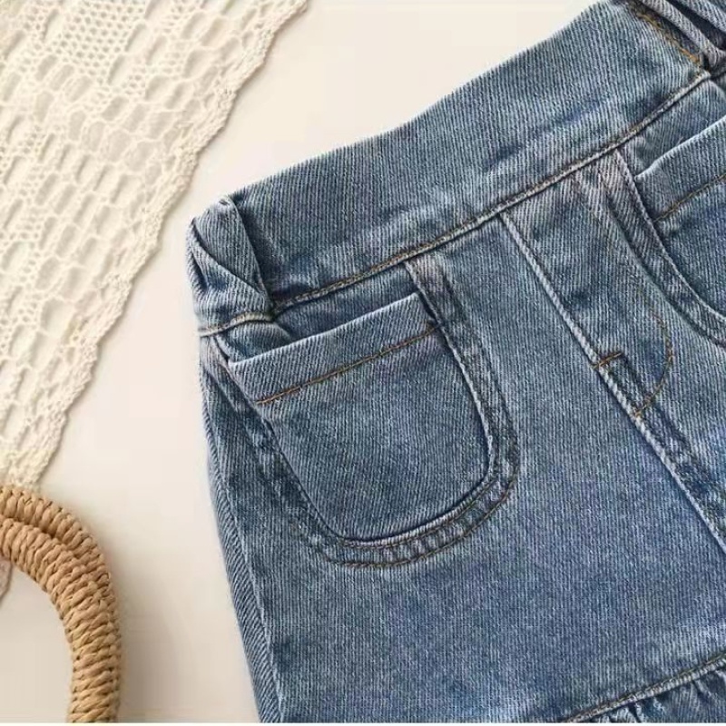 Bộ Áo Tay Phồng Phối Chân váy jean Viền Bèo Thời Trang Mùa Hè Cho Bé Gái