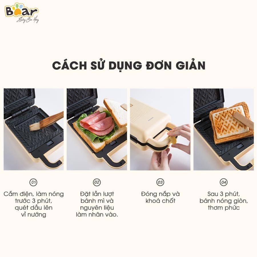 [BẢO HÀNH 1 ĐỔI 1] [FOLLOW US GIẢM 40K] MÁY KẸP SANDWICH BEAR CHÍNH HÃNG, LÀM BÁNH WAFFLE, NƯỚNG BÁNH MÌ - CASIMI DECOR