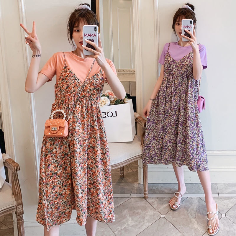 AMOI Đầm Hoa Giả Hai Mảnh Thời Trang Cho Mẹ Bầu