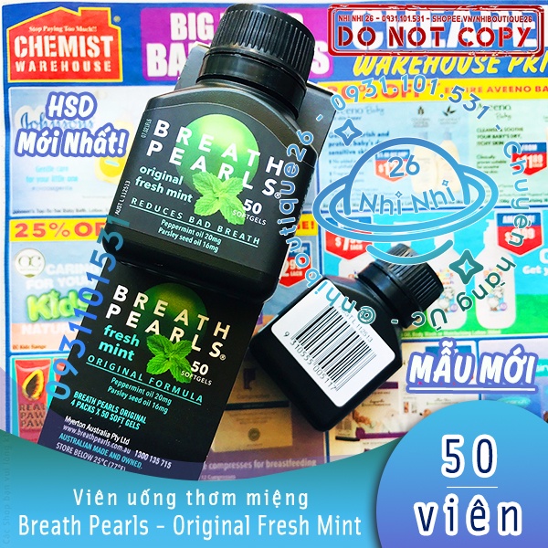 HSD:08/2024 Thơm miệng Breath Pearls - Úc  50 viên  Chuẩn Chemist Warehouse