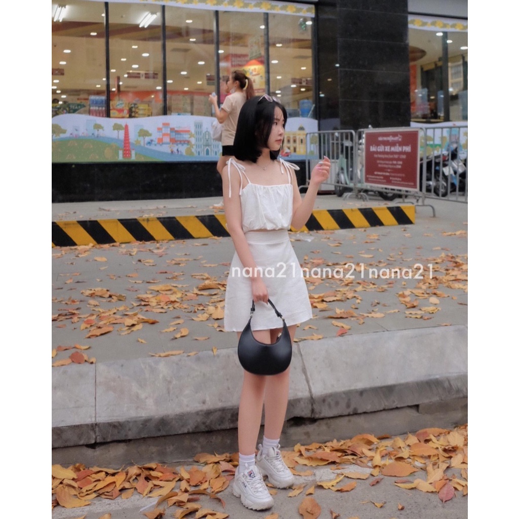 Set áo hai dây nơ và váy , Sét 2 dây thắt nơ sau kèm chân váy ngắn 3 màu  cicidream