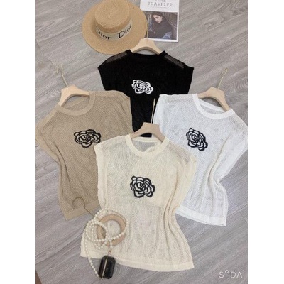 Áo lưới sát nách cổ tròn thêu hoa QC