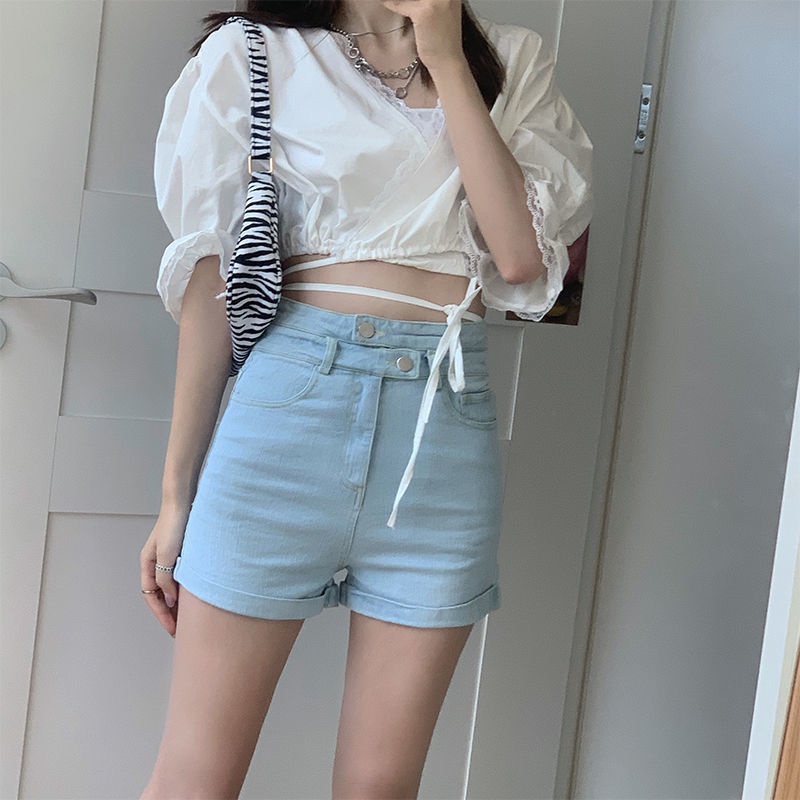 Quần Đùi denim Lưng Cao Phong Cách retro Hàn Quốc Cho Nữ